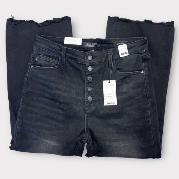 Judy Blue Jeans Womens 13/31 Black High Waist Wide Crop Raw Hem Denim Stretch - Picture 3 of 9